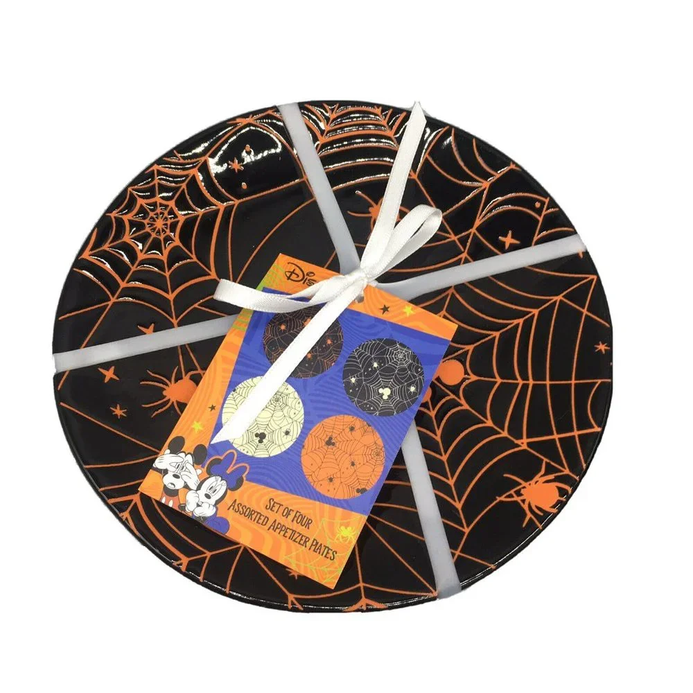 4 Zrike DISNEY Halloween MICKEY MOUSE Black Orange Spiderweb Plate Set Appetizer